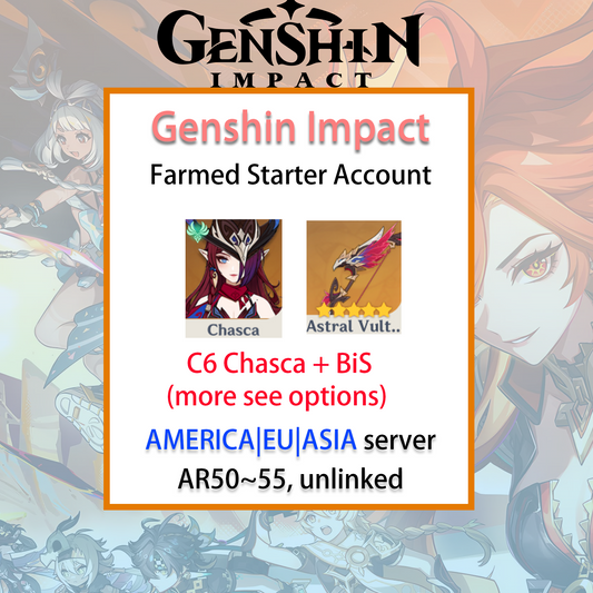 [NA/EU/ASIA] C6 Chasca / BiS Genshin Impact America Europe Asia Starter Farmed Account Hu Tao (see options)-Mobile Games Starter