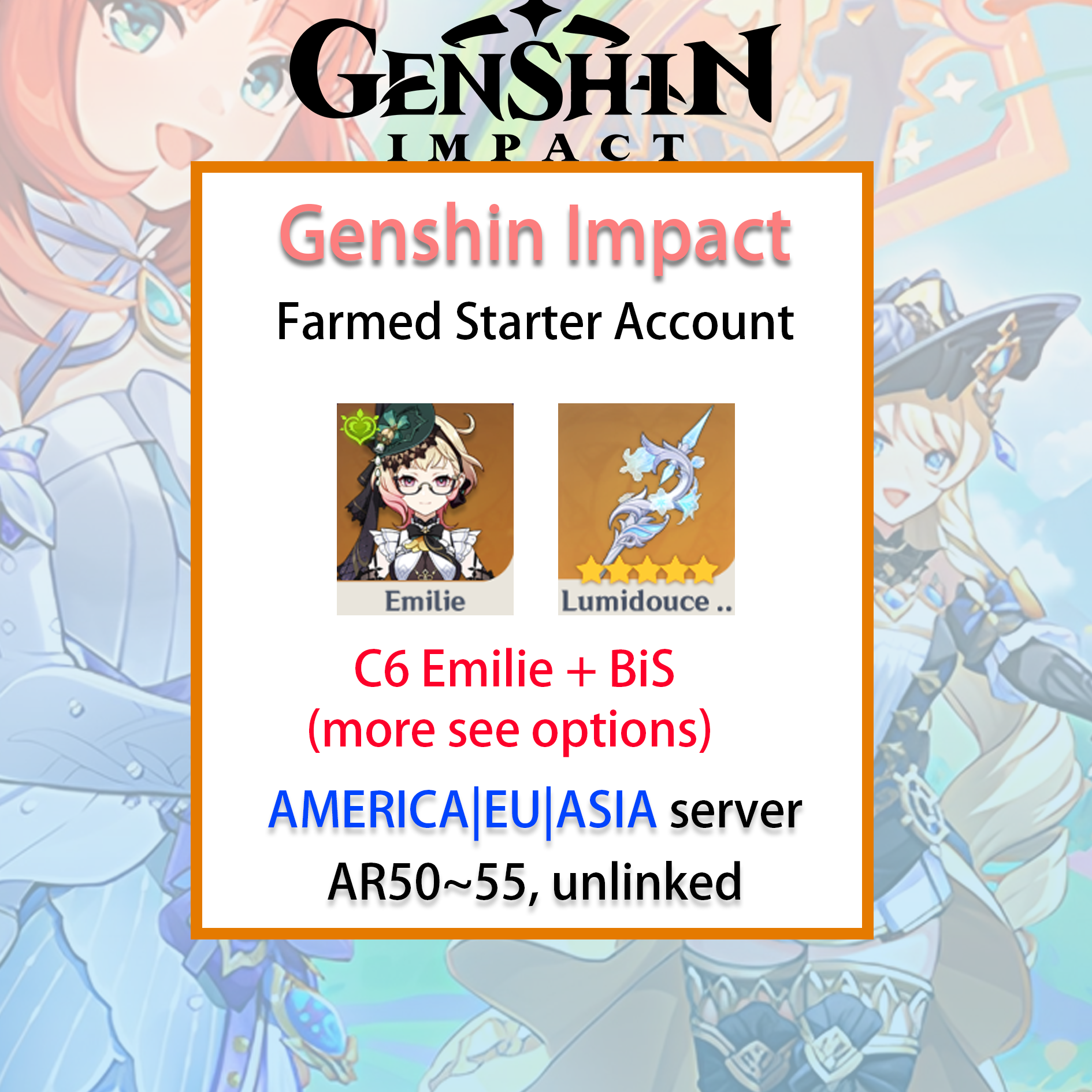 [NA/EU/ASIA] C6 Emilie Genshin Impact America Europe Asia Starter Farmed Account (see options)-Mobile Games Starter