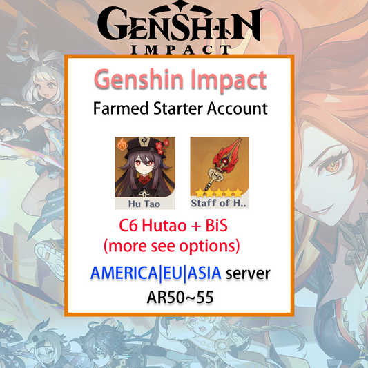 [NA/EU/ASIA] C6 Hutao / BiS Genshin Impact America Europe Asia Starter Farmed Account Hu Tao (see options)-Mobile Games Starter