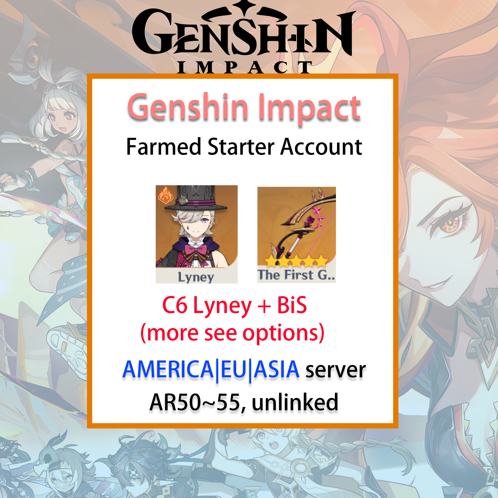 [NA/EU/ASIA] C6 Lyney / BiS Genshin Impact America Europe Asia Starter Farmed Account Hu Tao (see options)-Mobile Games Starter