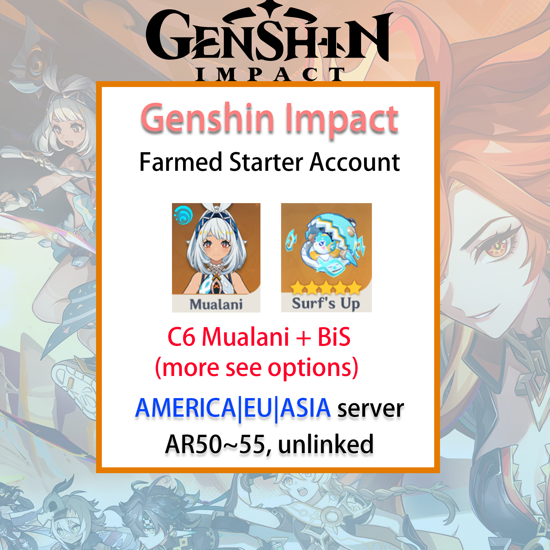 [NA/EU/ASIA] C6 Mualani Genshin Impact America Europe Asia Starter Farmed Account (see options)-Mobile Games Starter