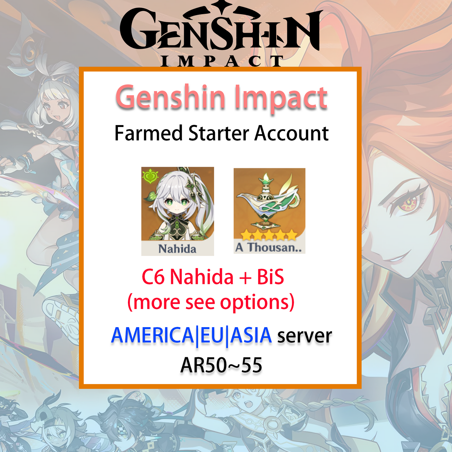 [NA/EU/ASIA] C6 Nahida / BiS Genshin Impact America Europe Asia Starter Farmed Account (see options)-Mobile Games Starter