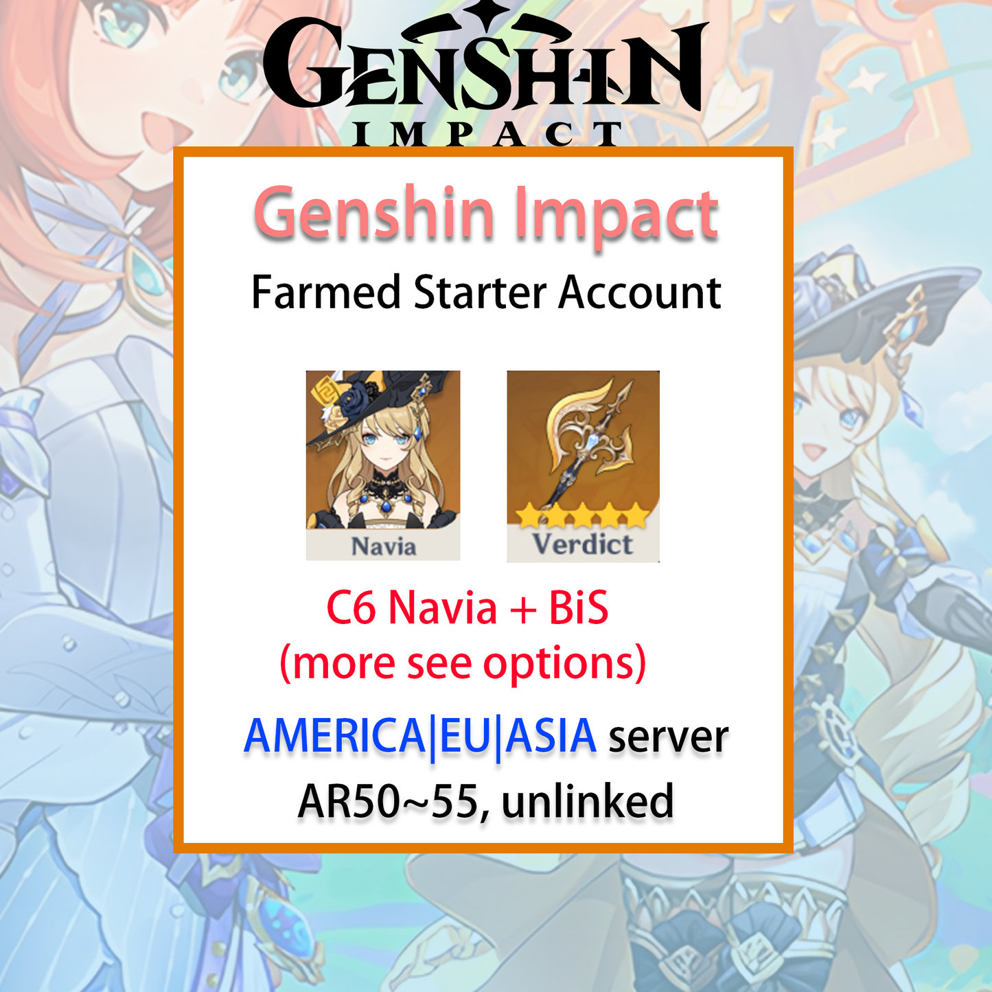 [NA/EU/ASIA] C6 Navia Genshin Impact America Europe Asia Starter Farmed Account (see options)-Mobile Games Starter