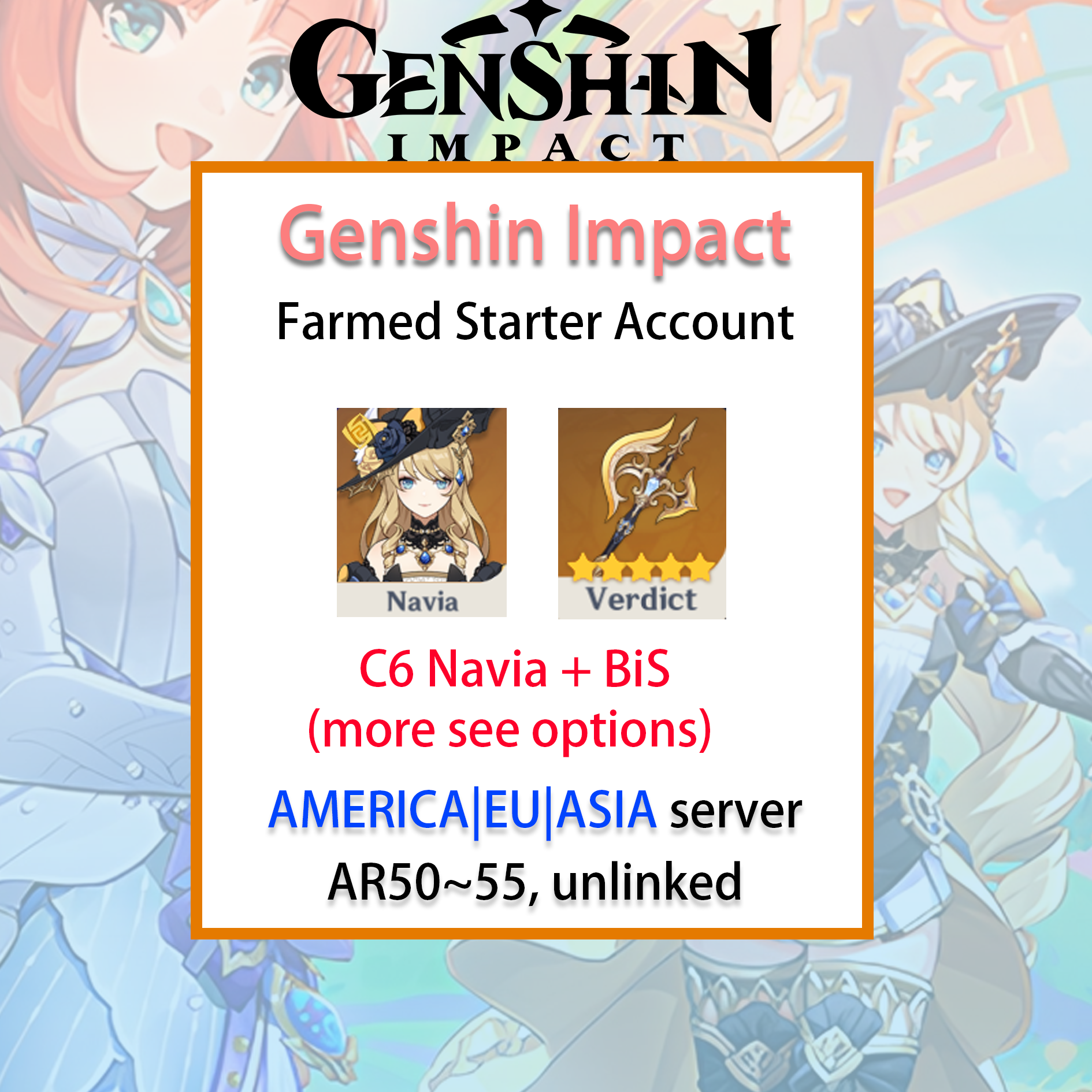 [NA/EU/ASIA] C6 Navia Genshin Impact America Europe Asia Starter Farmed Account (see options)-Mobile Games Starter