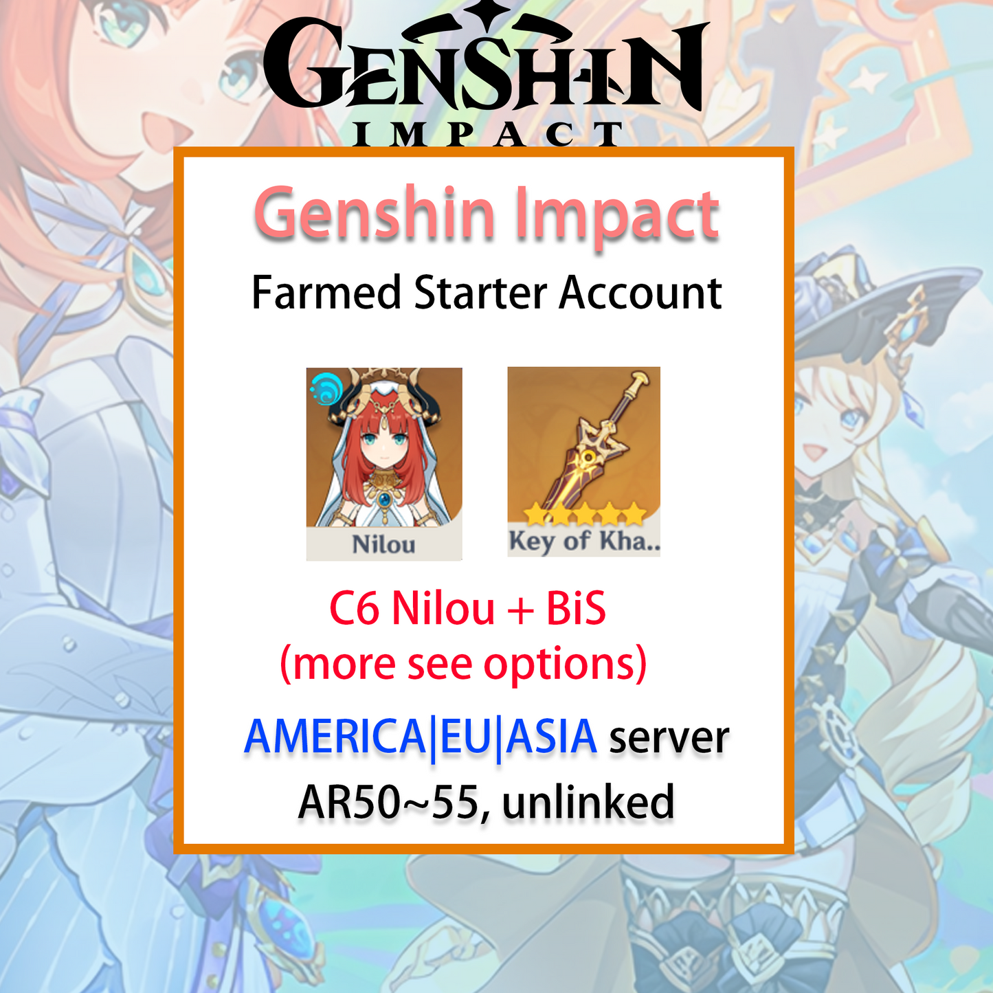 [NA/EU/ASIA] C6 Nilou Genshin Impact America Europe Asia Starter Farmed Account (see options)-Mobile Games Starter