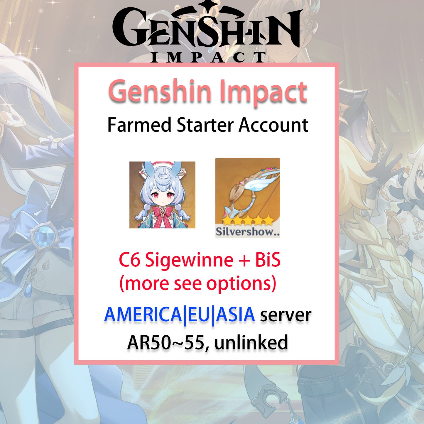 [NA/EU/ASIA] C6 Sigewinne Genshin Impact America Europe Asia Starter Farmed Account (see options)-Mobile Games Starter