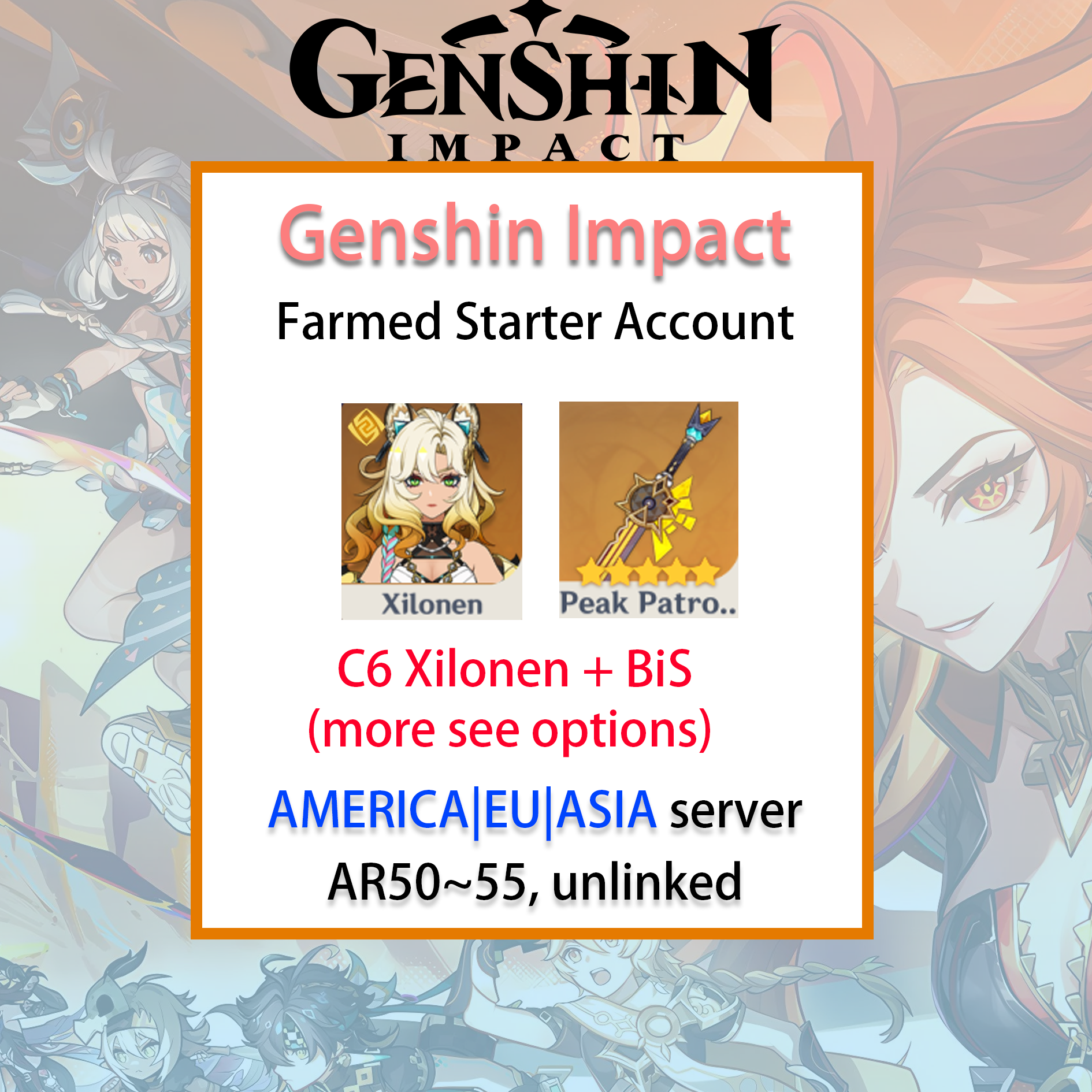 [NA/EU/ASIA] C6 Xilonen / BiS Genshin Impact America Europe Asia Starter Farmed Account (see options)-Mobile Games Starter