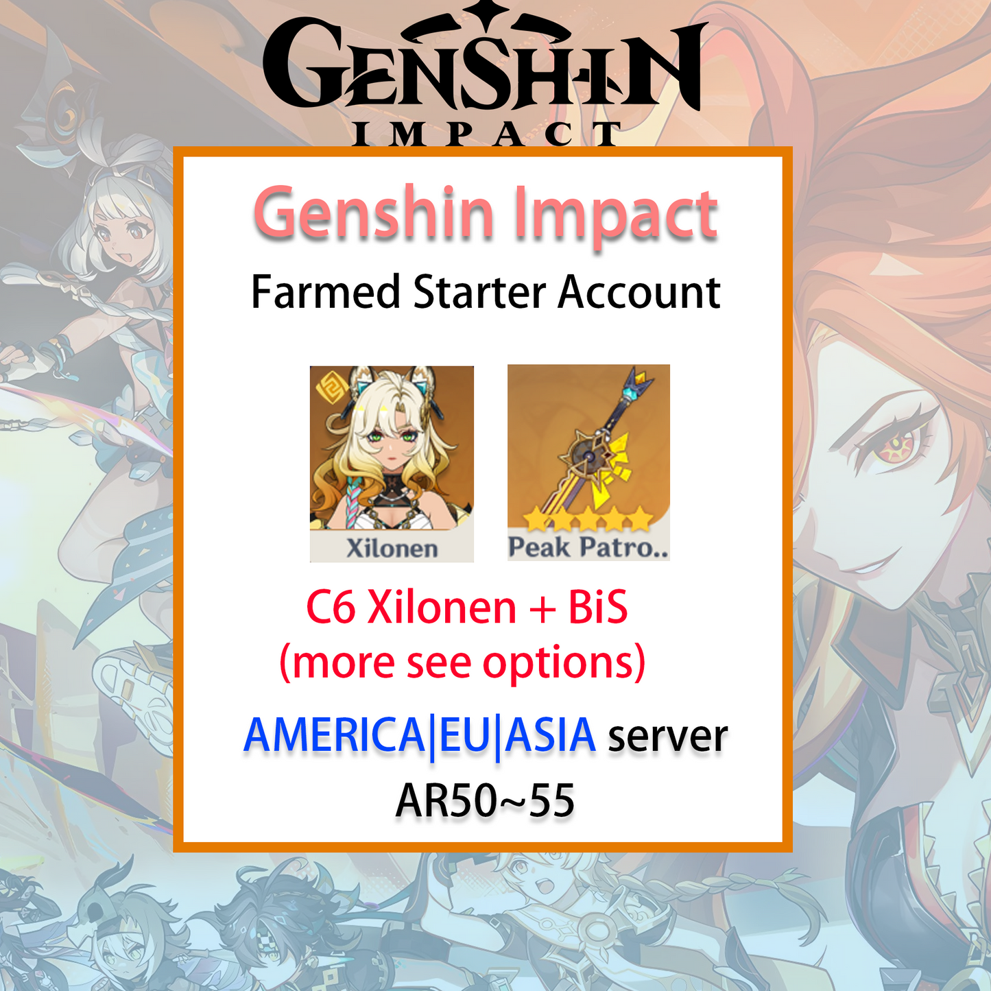 [NA/EU/ASIA] C6 Xilonen / BiS Genshin Impact America Europe Asia Starter Farmed Account (see options)-Mobile Games Starter