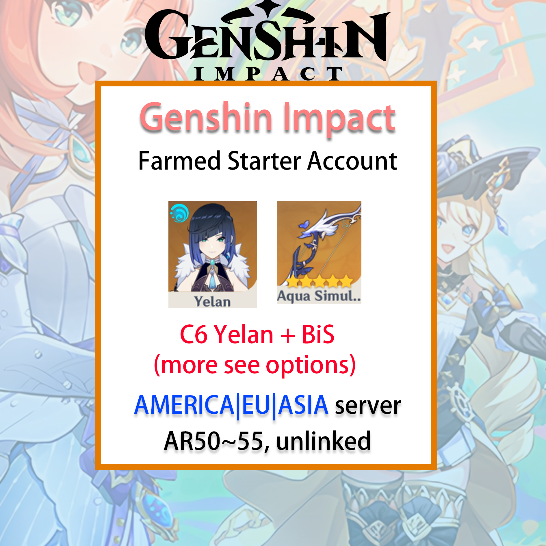 [NA/EU/ASIA] C6 Yelan Genshin Impact America Europe Asia Starter Farmed Account (see options)-Mobile Games Starter