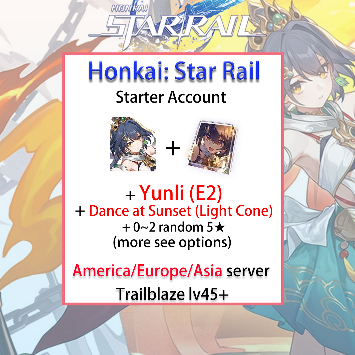 [NA/EU/ASIA] E2 Yunli + Signature Light Cone Honkai: Star Rail Farmed Starter Account America/Europe/Asia (see options)-Mobile Games Starter