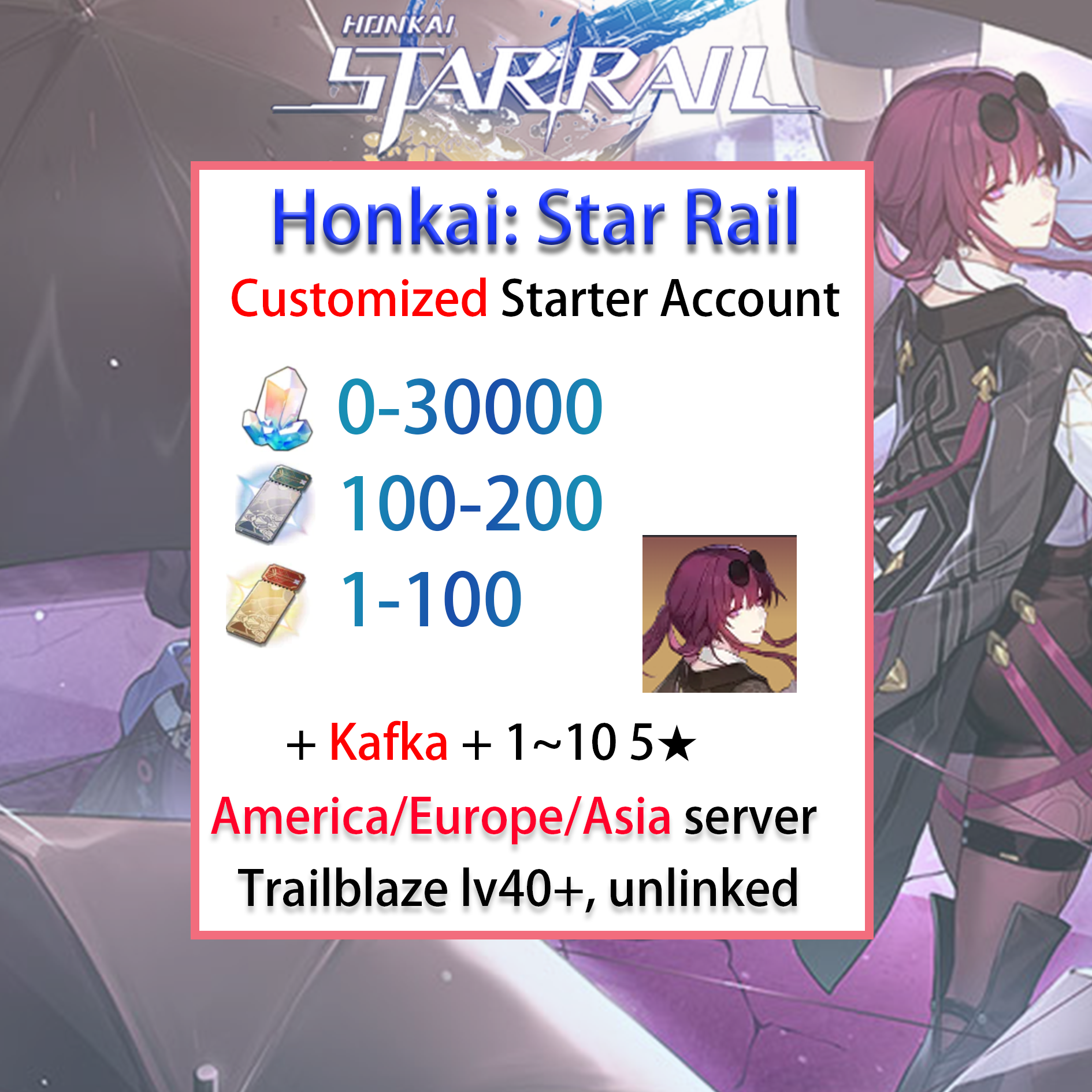 [NA/EU/ASIA] Kafka Honkai: Star Rail Account America Europe Asia Starter/Farmed/Reroll/Endgame-Mobile Games Starter