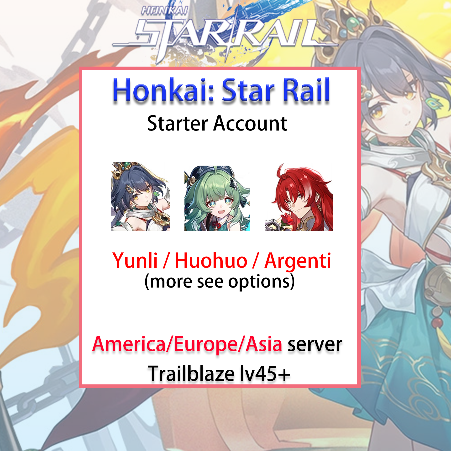 [NA/EU/ASIA] Yunli / Huohuo / Argenti Honkai: Star Rail Farmed Starter Account America/Europe/Asia (see options)-Mobile Games Starter