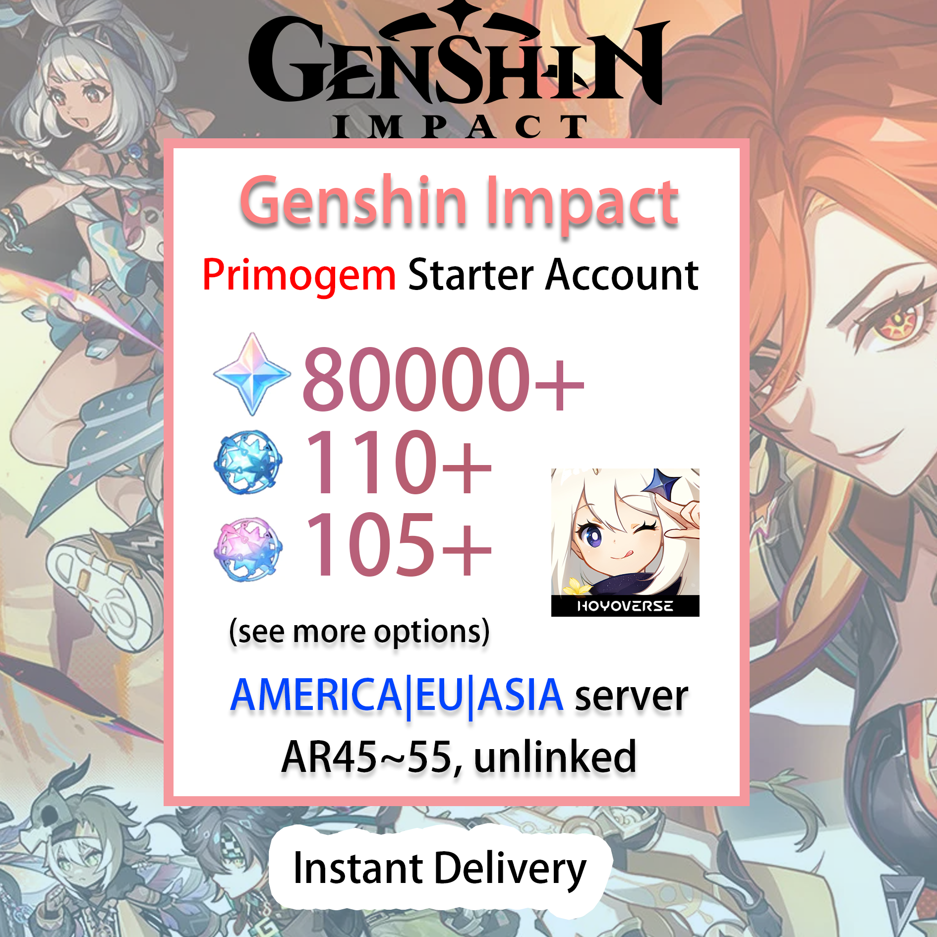 [NA/EU/ASIA][INSTANT] 30000~80000 primogems | Wishes Genshin Impact America Europe Asia Starter Farmed Account (see options)-Mobile Games Starter