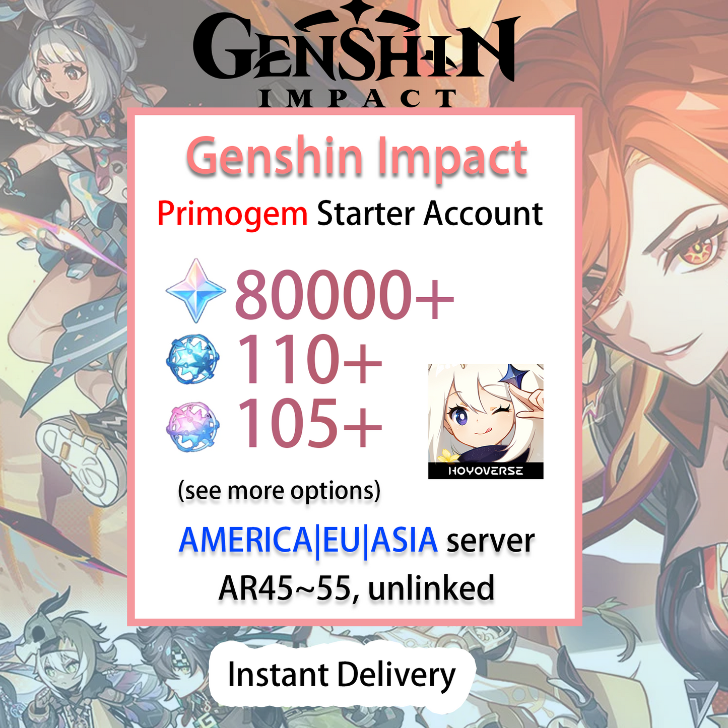 [NA/EU/ASIA][INSTANT] 30000~80000 primogems | Wishes Genshin Impact America Europe Asia Starter Farmed Account (see options)-Mobile Games Starter