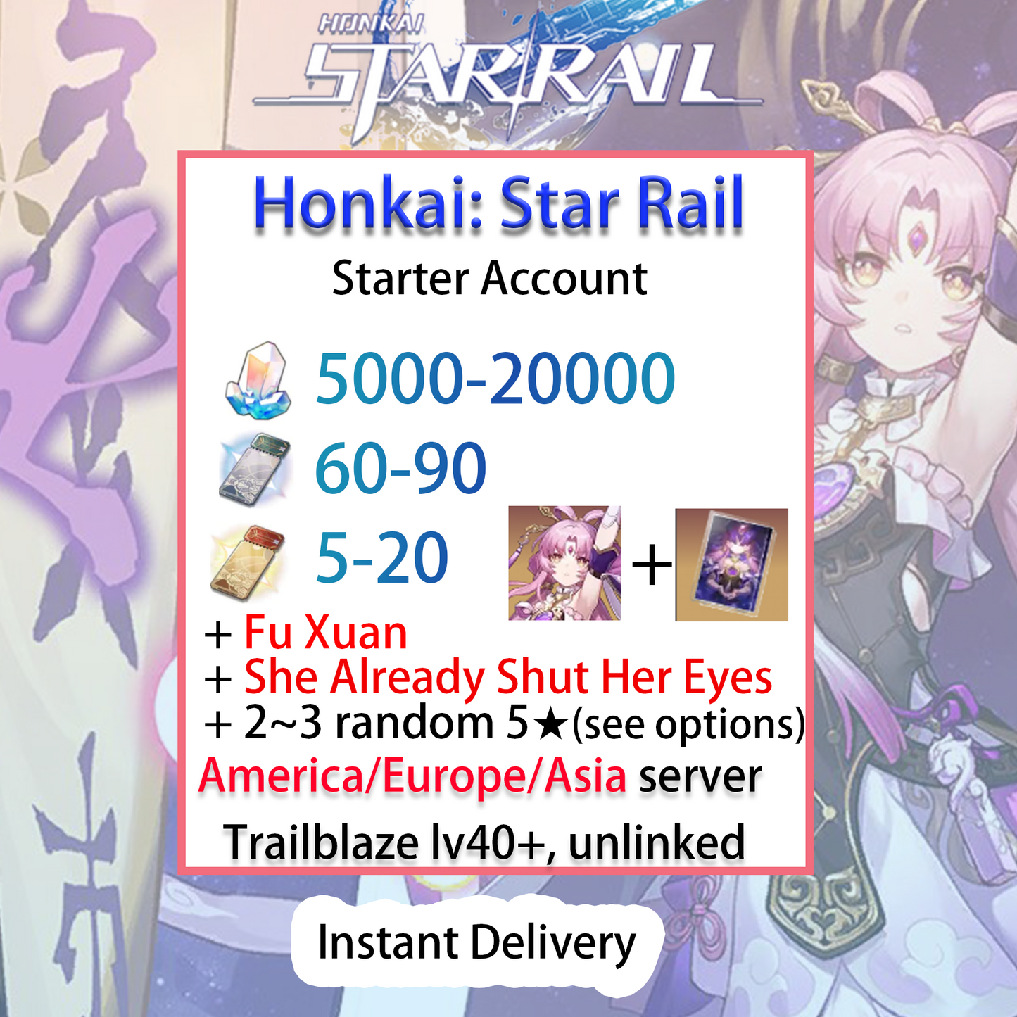 [NA/EU/ASIA][INSTANT] Fu Xuan + She Already Shut Her Eyes Honkai: Star Rail Starter Account America/Europe/Asia-Mobile Games Starter