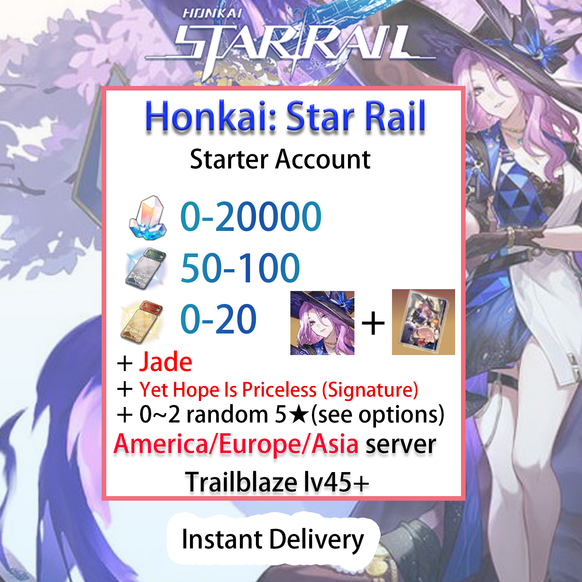 [NA/EU/ASIA][INSTANT] Jade + Signature Light Cone Honkai: Star Rail Farmed Starter Account America/Europe/Asia (see options)-Mobile Games Starter