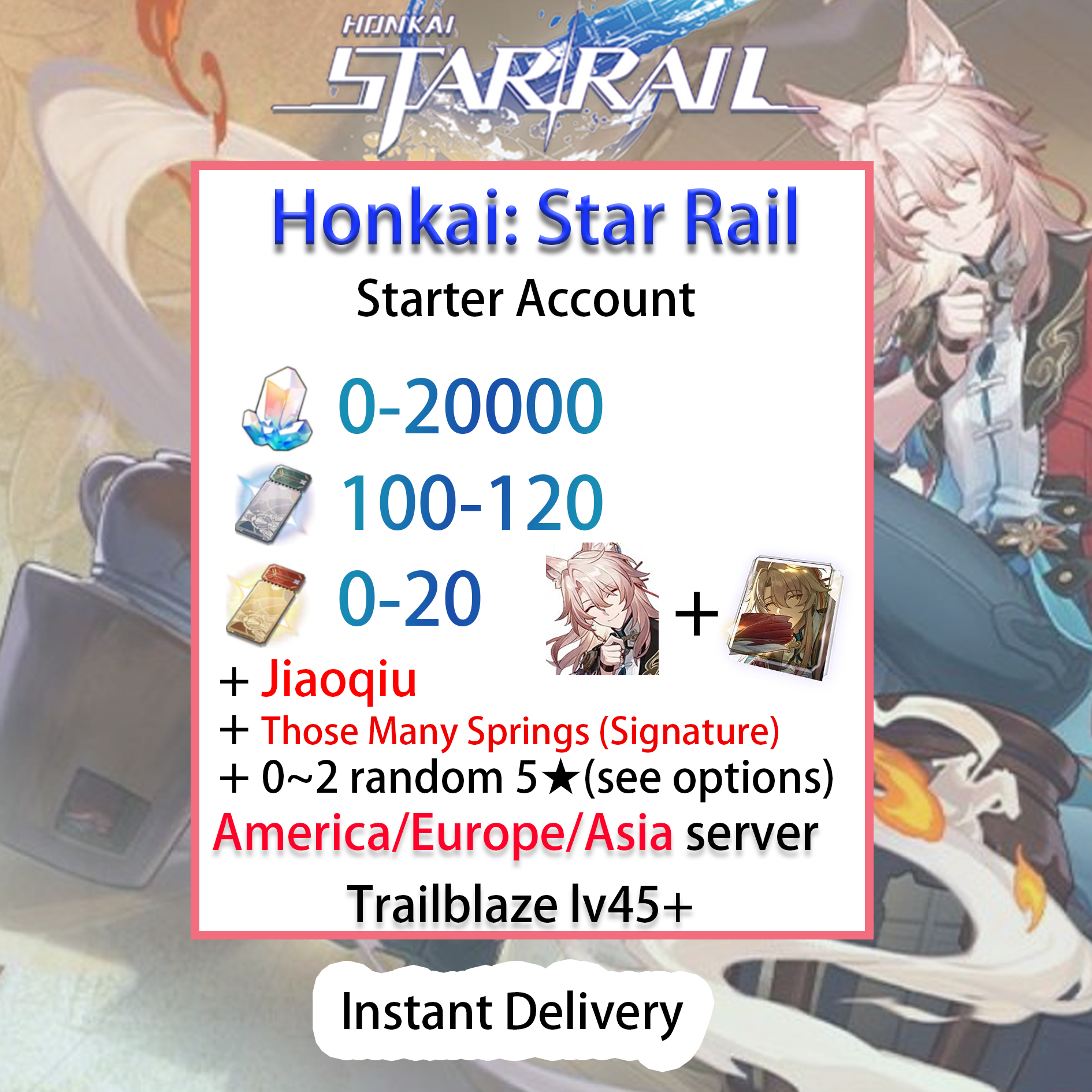 [NA/EU/ASIA][INSTANT] Jiaoqiu + Signature Light Cone Honkai: Star Rail Farmed Starter Account Jiao Qiu America/Europe/Asia (see options)-Mobile Games Starter