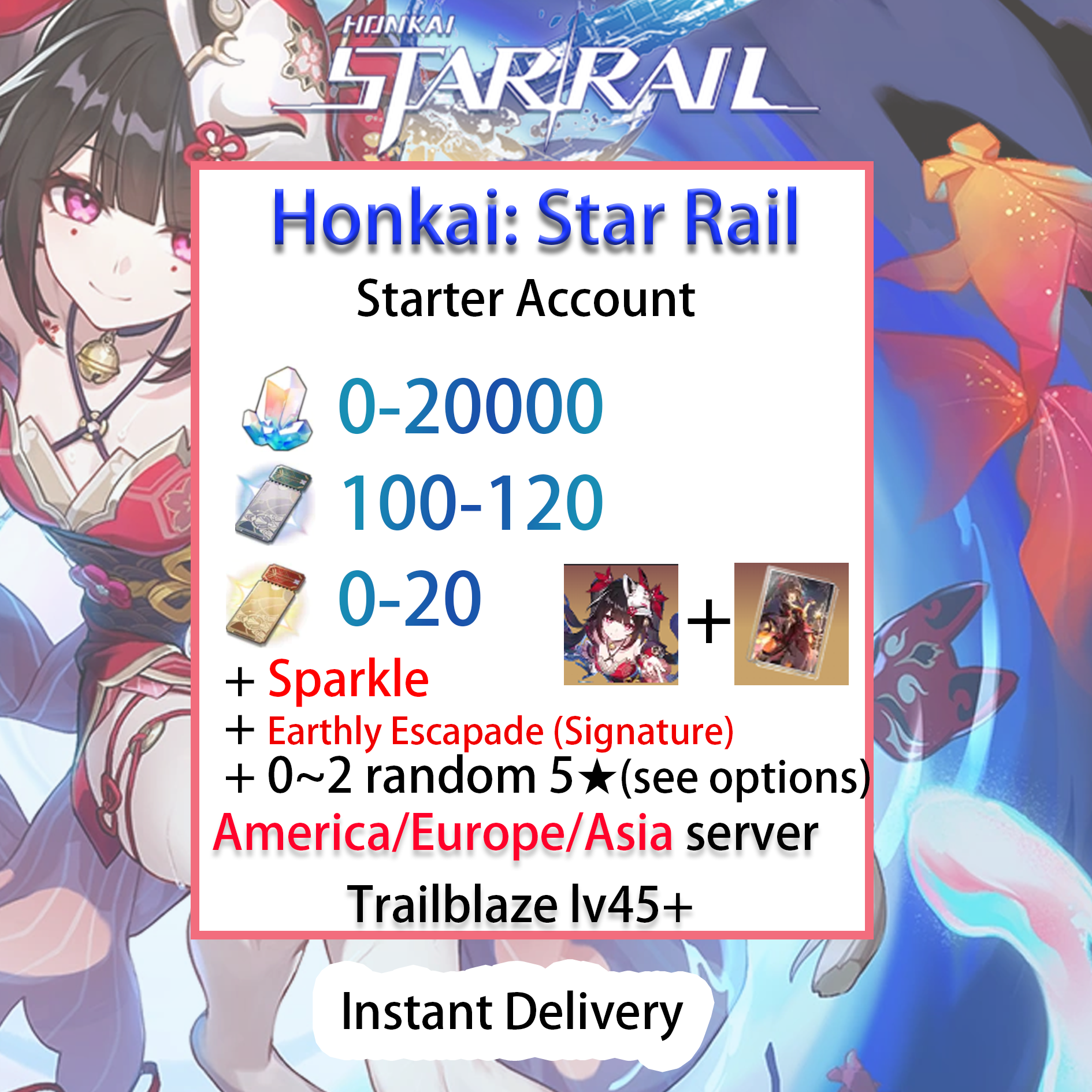 [NA/EU/ASIA][INSTANT] Sparkle + Signature Light Cone Honkai: Star Rail Farmed Starter Account Hanabi America/Europe/Asia (see options)-Mobile Games Starter