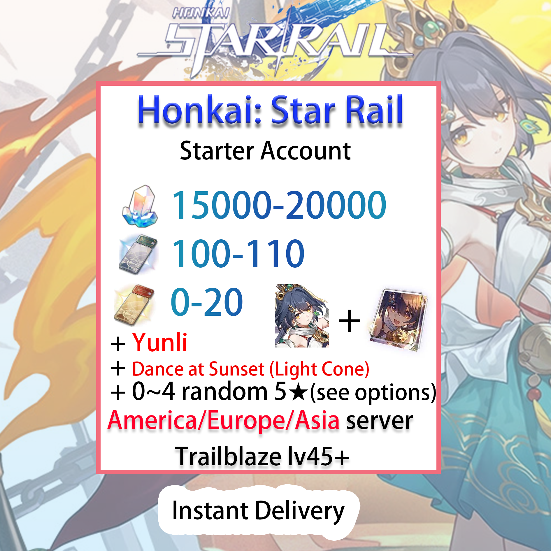 [NA/EU/ASIA][INSTANT] Yunli + Signature Light Cone Honkai: Star Rail Farmed Starter Account America/Europe/Asia (see options)-Mobile Games Starter